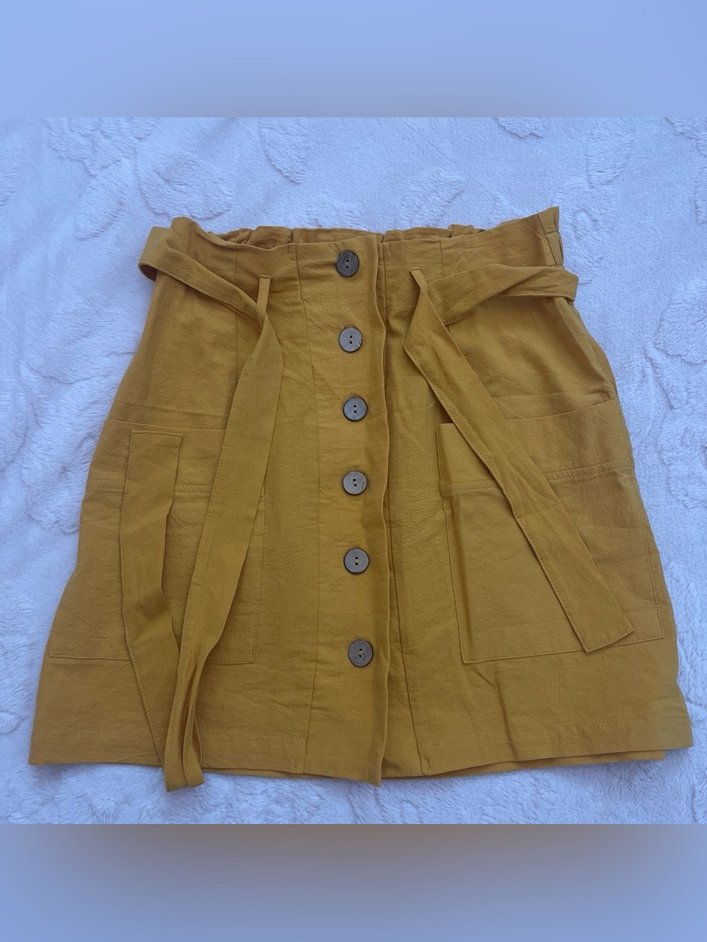 Button-Front Mustard Paperbag Waist Skirt with Self-Tie Belt